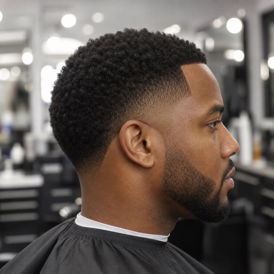 Generated side profile of a low taper fade with coily hair.