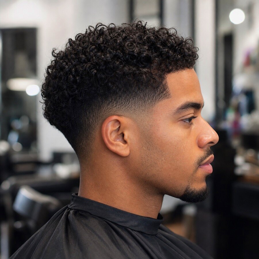 Generated haircut reference image for Drop Fade for Curly Hair.