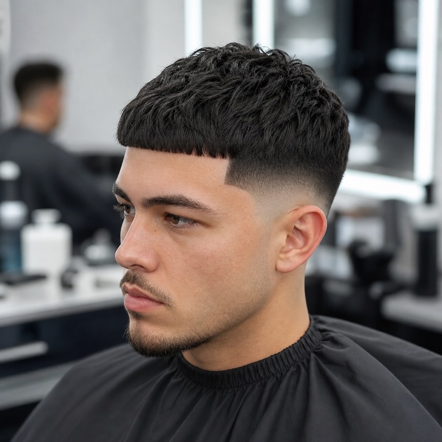 Generated three-quarter profile of a low taper fade Edgar haircut.