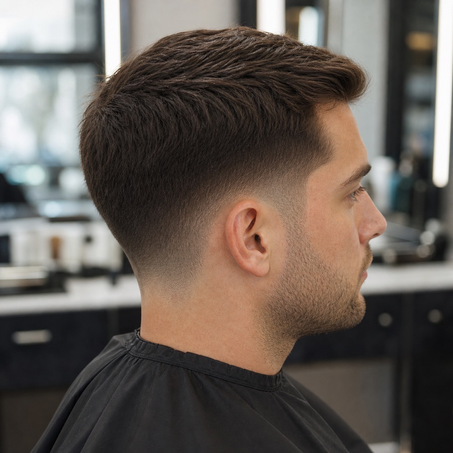 Generated side profile of a low taper fade for straight hair.